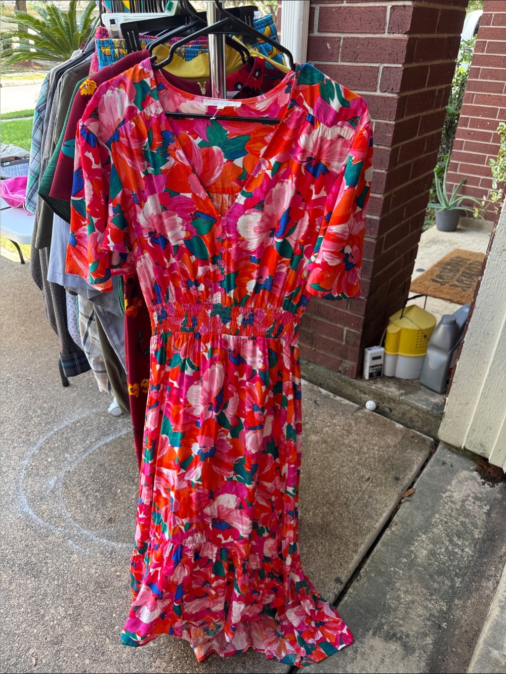Bright Pink Floral High-Low Maxi Dress with Smocked Waist